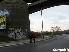 Fuck teen bangs oldie in public