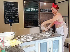 Regina Noir In Nudist Housekeeper Cooking At The Kitchen. Naked Maid Makes Dumplings. Naked Cooks. Short 1