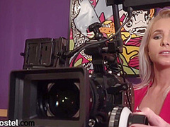 Voyeuristic babe joins busty brunette for hostel threesome