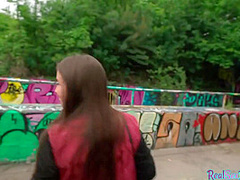 Public outdoor sex for cocksucker busty brunette babe