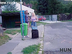 After Shower Blonde With Blindfold Gets Stretched In Front Of Bf