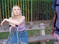 After Shower Blonde With Blindfold Gets Stretched In Front Of Bf