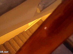 Jeny Smith sneaking to the office building. Naked in elevator and on stairs