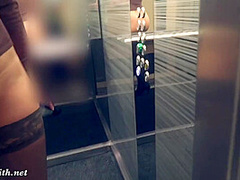 Jeny Smith sneaking to the office building. Naked in elevator and on stairs