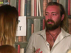 CFNM oral and handjob babes teasing hard cock in library