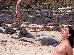 Brunette Woman Fucks Black Big Dick On The Beach And Blonde Woman Fucks With A Vegetable While Watching