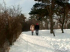 Slutty snow teen fucks grandpas cock