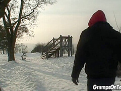 Slutty snow teen fucks grandpas cock