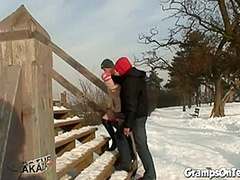 Slutty snow teen fucks grandpas cock
