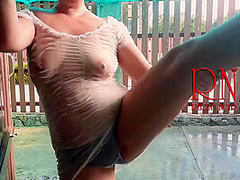 Summer Rainy Day. Wet Underwear. Rain. Umbrella. Private, Milf, Horny, Doll, Underwear, Slave, Wet, Panties, Rain