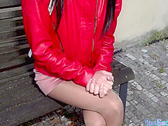 Public out casting sex in POV style with pantyhosed teen