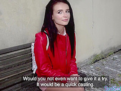 Public out casting sex in POV style with pantyhosed teen