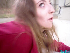 Public POV outdoor sex of slutty pantyhose teen for finances