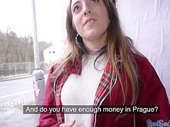Public POV outdoor sex of slutty pantyhose teen for finances