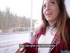 Public POV outdoor sex of slutty pantyhose teen for finances