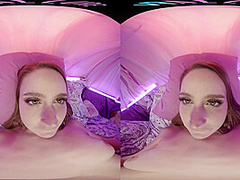 Cute blonde with big natural tits masturbates for you in VR