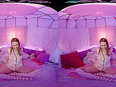 Cute blonde with big natural tits masturbates for you in VR