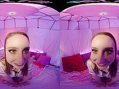 Cute blonde with big natural tits masturbates for you in VR