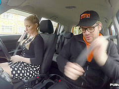 Busty babe with big tits pussyfucked and mouthjizzed in car