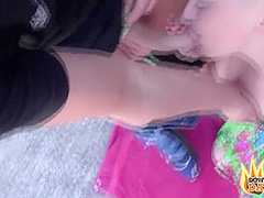 Hot Blonde Teen Jesse Key Takes Two Big Dicks Outside In Public