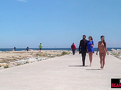 Perky boobed attractive babe walks outdoor naked on beach