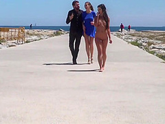 Perky boobed attractive babe walks outdoor naked on beach