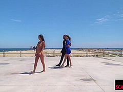 Perky boobed attractive babe walks outdoor naked on beach