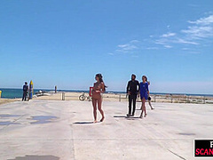 Perky boobed attractive babe walks outdoor naked on beach