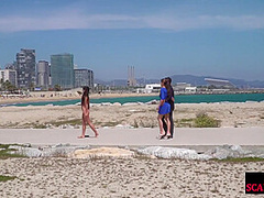 Perky boobed attractive babe walks outdoor naked on beach