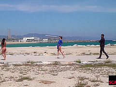 Perky boobed attractive babe walks outdoor naked on beach