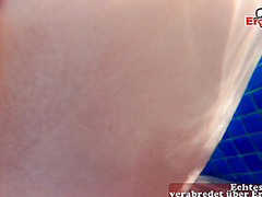 German skinny amateur teens make ffm threesome outdoor in pool POV