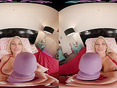 Blonde with huge tits masturbates with her fingers and a toy in VR