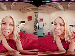 Blonde with huge tits masturbates with her fingers and a toy in VR