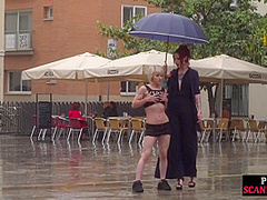 Lezdom redhead MILF shows teen bondservant outdoor in public