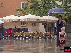 Lezdom redhead MILF shows teen bondservant outdoor in public