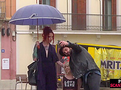 Lezdom redhead MILF shows teen bondservant outdoor in public