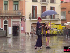 Lezdom redhead MILF shows teen bondservant outdoor in public