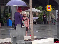 Lezdom redhead MILF shows teen bondservant outdoor in public