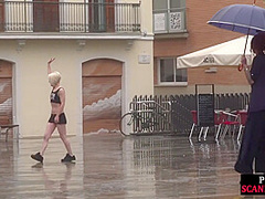 Lezdom redhead MILF shows teen bondservant outdoor in public