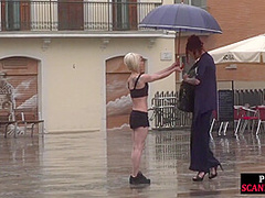 Lezdom redhead MILF shows teen bondservant outdoor in public