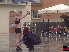 Lezdom redhead MILF shows teen bondservant outdoor in public
