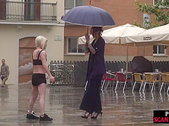 Lezdom redhead MILF shows teen bondservant outdoor in public