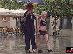 Lezdom redhead MILF shows teen bondservant outdoor in public