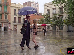Lezdom redhead MILF shows teen bondservant outdoor in public