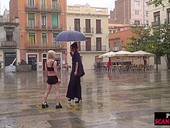 Lezdom redhead MILF shows teen bondservant outdoor in public