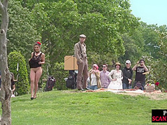 Redhead domina n lord showing their naked babe sub in public