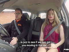 Public car sex for babe in stockings by her drive instructor