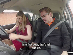 Public car sex for babe in stockings by her drive instructor