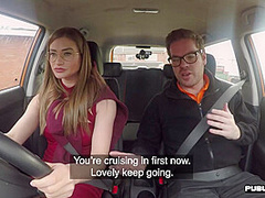 Public car sex for babe in stockings by her drive instructor