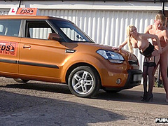 Busty MILF in stockings outdoor and in car fucked by hubby